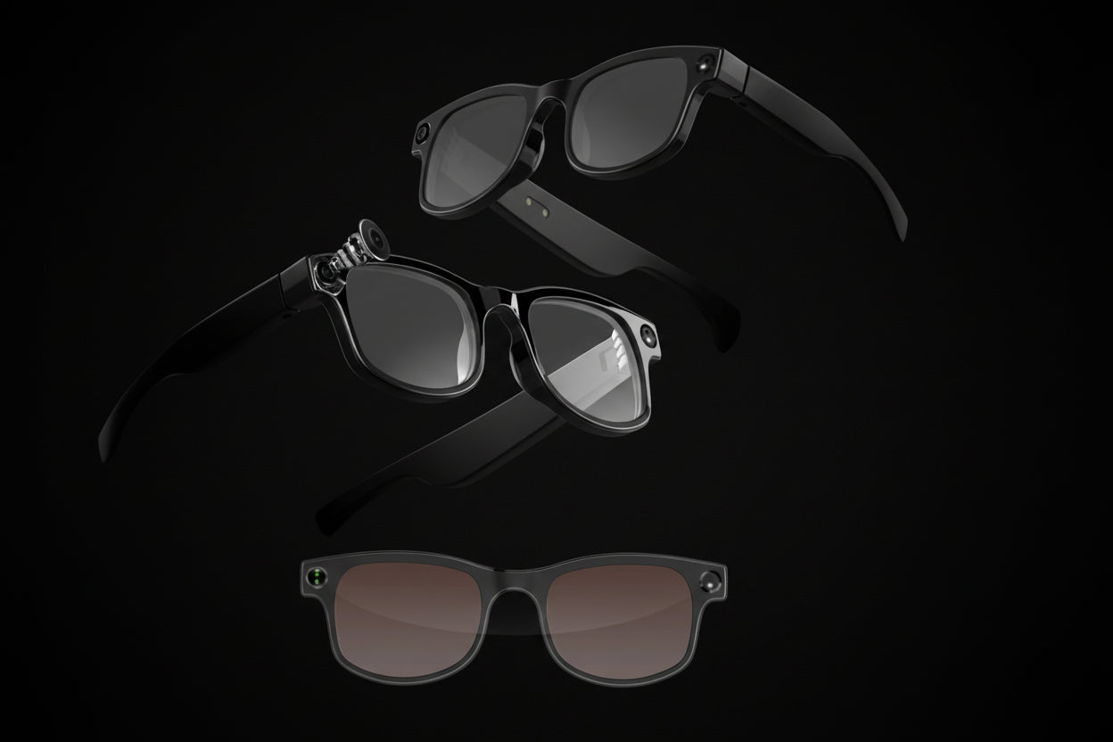 Smart glasses with features listed on a black background