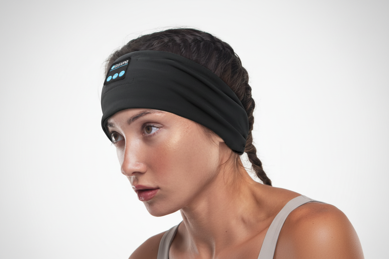 Woman wearing a black Bluetooth music headscarf with text on a white background