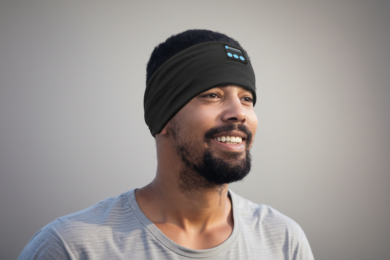 Man wearing a black headband with a built-in microphone against a clear blue sky.