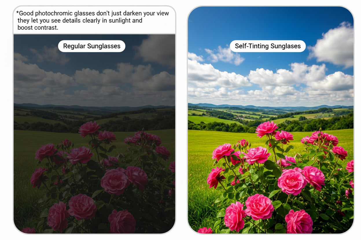 Comparison of regular sunglasses and self-tinting sunglasses with a scenic view of flowers and mountains.
