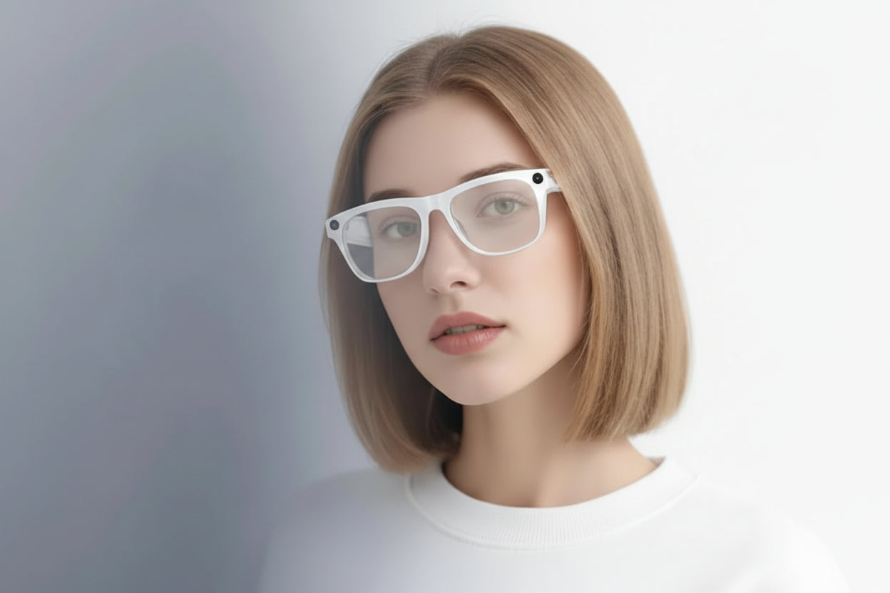 Woman wearing glasses with text about AI intelligent Q&A on a light gray background