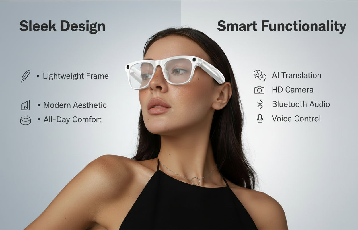 Glasses with text highlighting lightweight design and camera features on a gray background